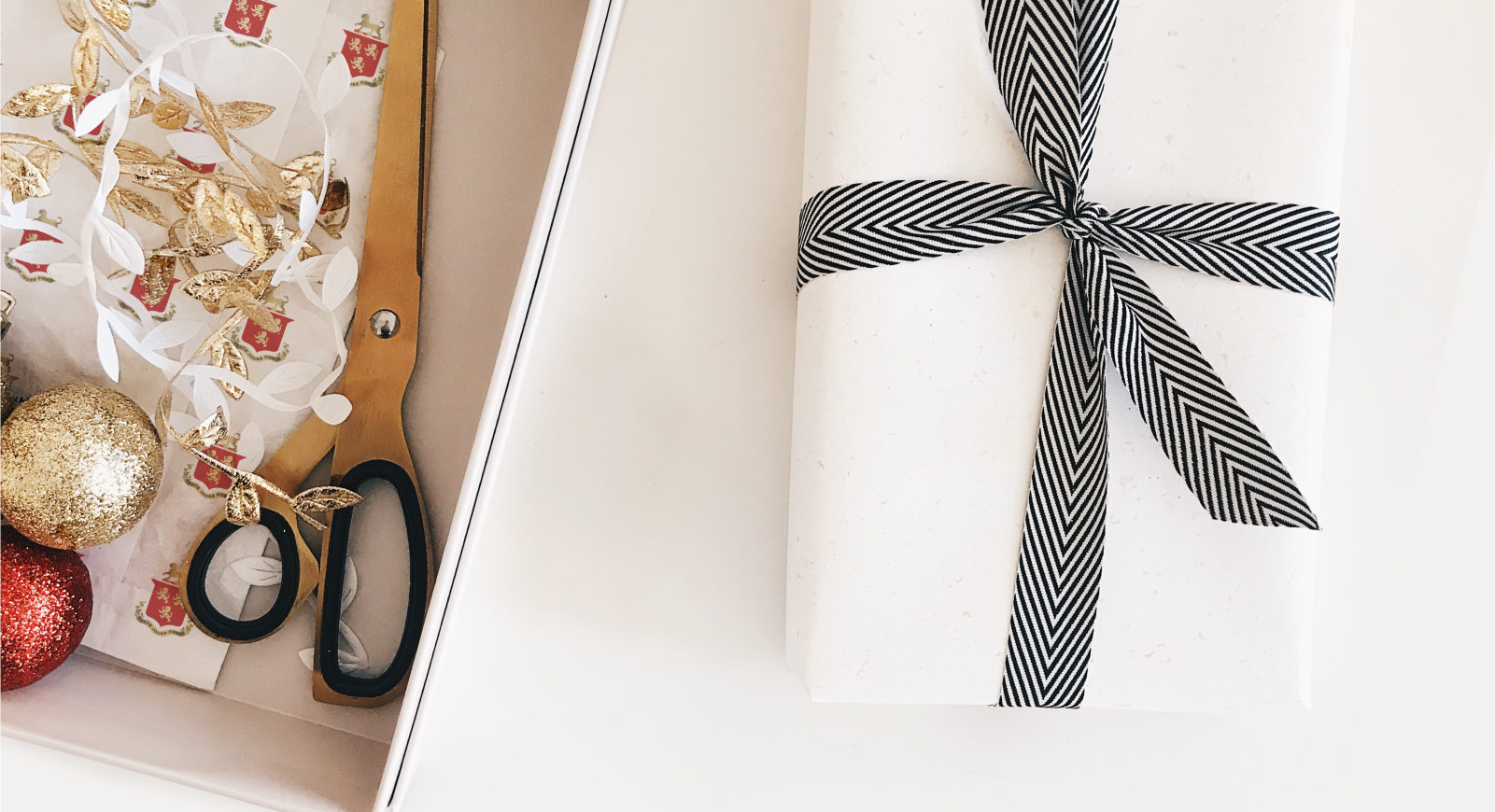 Shop Holiday Gift Guide: gift wrapping supplies and a gift wrapped present.