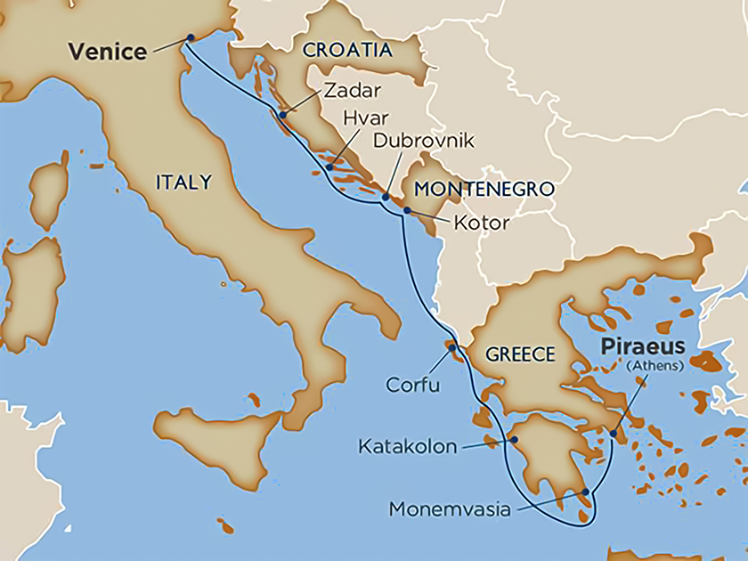 Map of Windstar Cruise 2025 sailing from Venice to Athens.